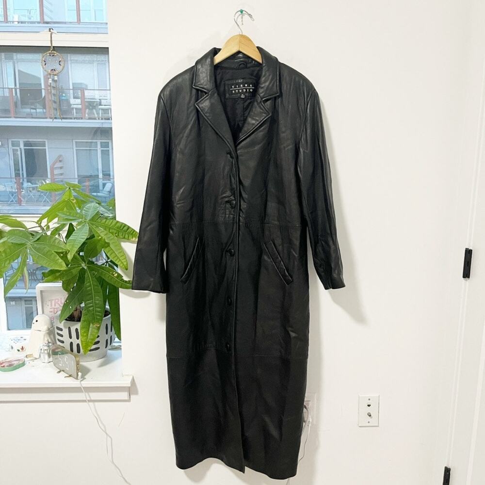 Siena Studio Black Vegan Leather Long Trench Coat Size Large Petites